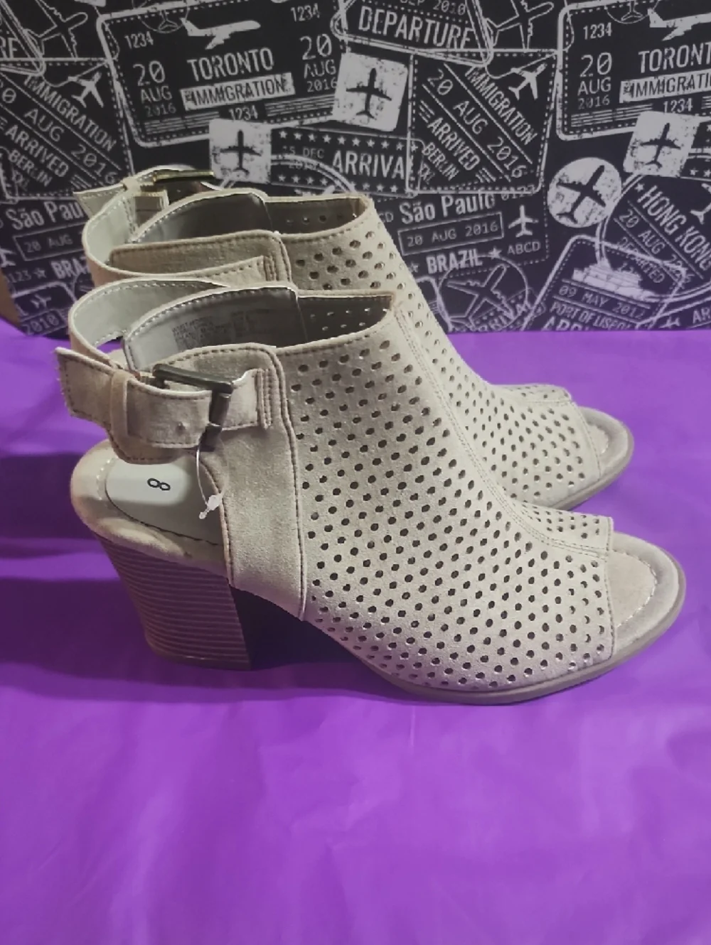 Time And Tru Womens Suede Perforated Peep-Toe Block Heel Booties - Beige
